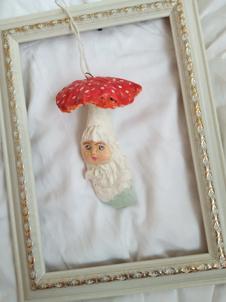 Enchanting Handmade Amanita Mushroom Ornament for Christmas. Tree Xmas toy. Fly agaric. Spun cotton toy