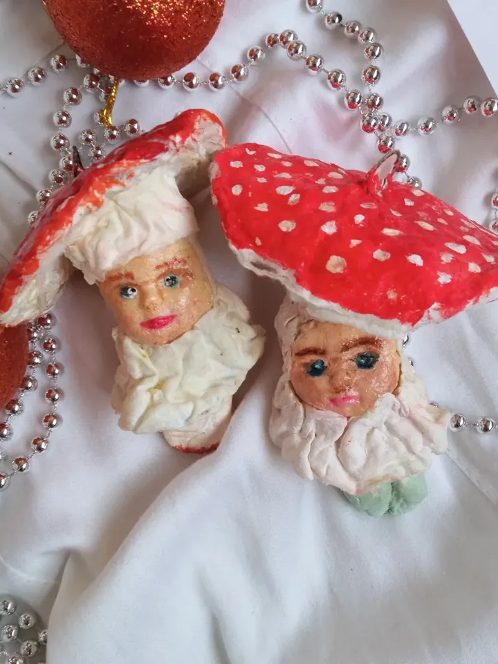 Fairytale fly agaric mushrooms with people - magical Christmas decor or home decor indoor
Christmas tree toy. Amanita mushrooms