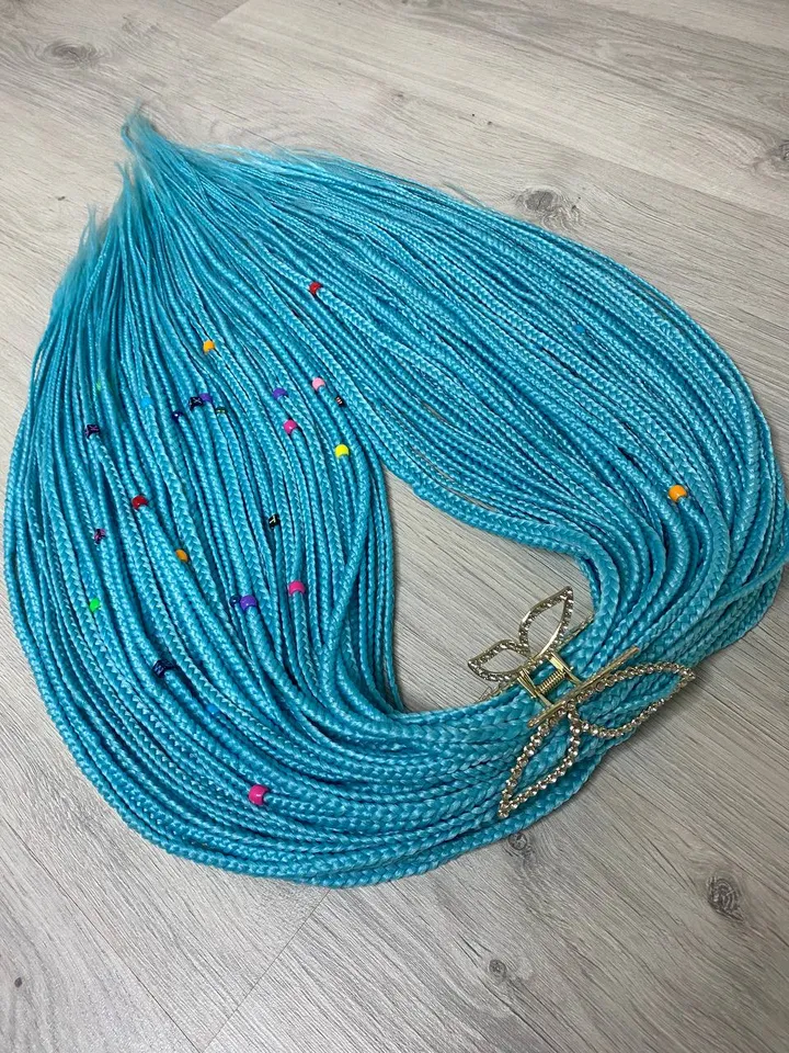 Turquoise braids hair extensions with beads. Synthetic Braids, teal hair extensions.