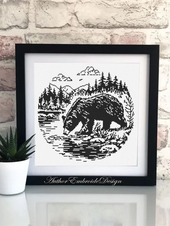 Grizzly bear cross stitch pattern PDF download Bear silhouette cross stitch chart, Monochrome nature pattern digital, Forest landscape #L79