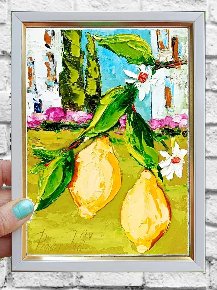 Lemon Tree Painting Courtyard Original Art Impasto Oil Painting Italian Landscape mall Art Unique Original Oil Painting Modern Art 7x5