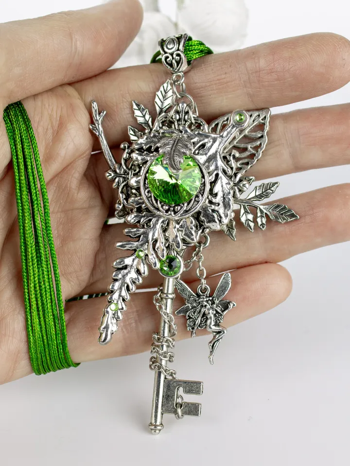 Handmade Fairy Key Pendant with Green Swarovski Crystal – Fantasy Leaf Necklace, Unique Gift