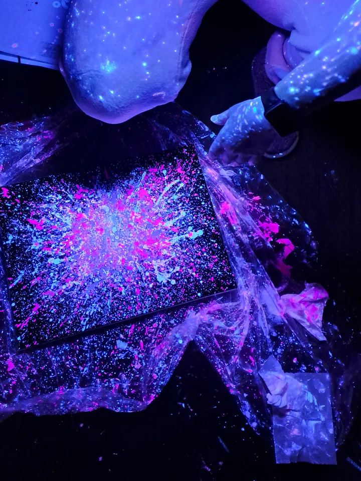 Fluorescent neon painting made with splashes technique "Miami" abstraction, contemporary art