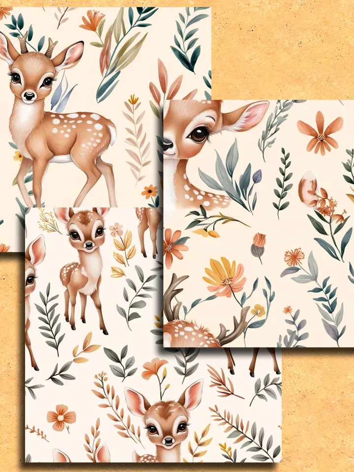 Seamless patterns with cute deer 14 pieces. Unlimited commercial use digital print files. Instant download.