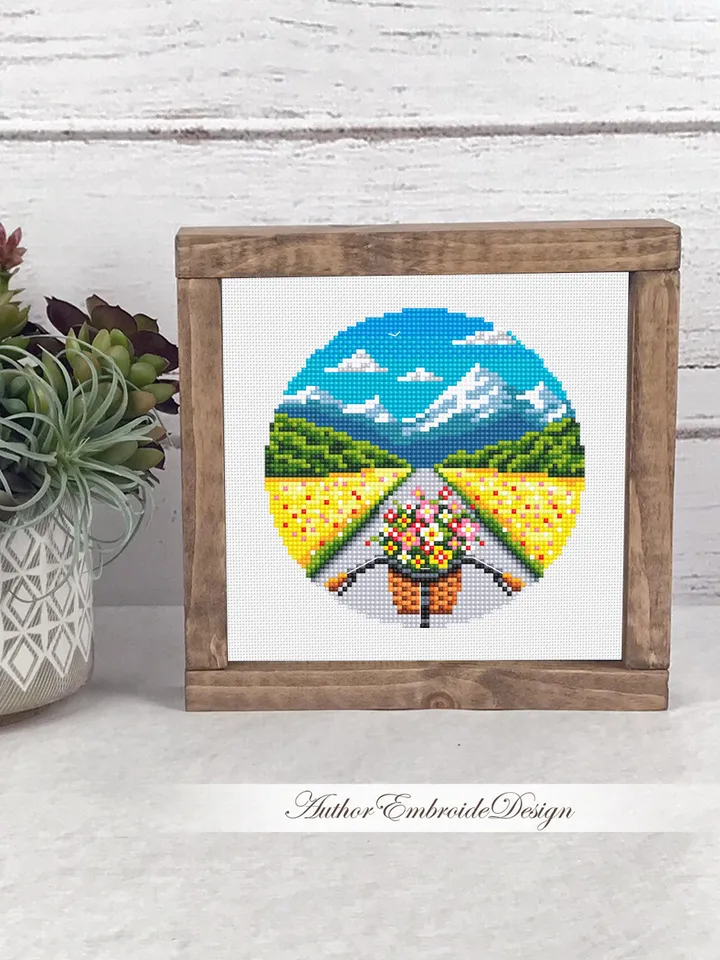 Bicycle with flowers cross stitch pattern PDF download Mountain landscape cross stitch chart Nature pattern digital, Flower basket bike #L13