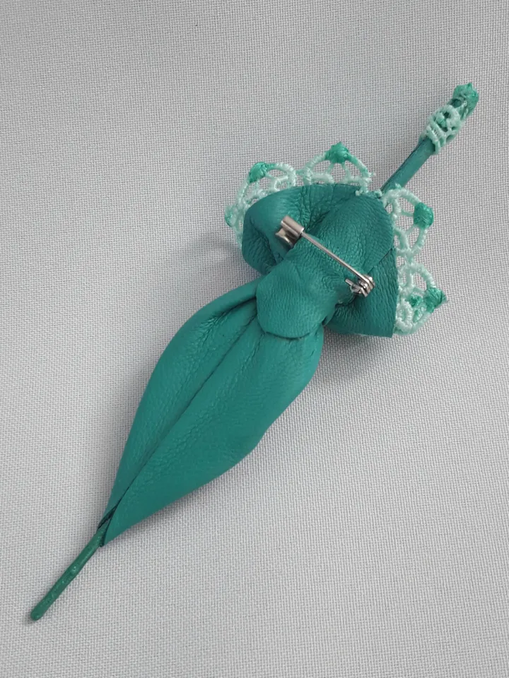 Leather brooch Turquoise umbrella for her , 3rd anniversary gift for wife, Leather women's jewelry
