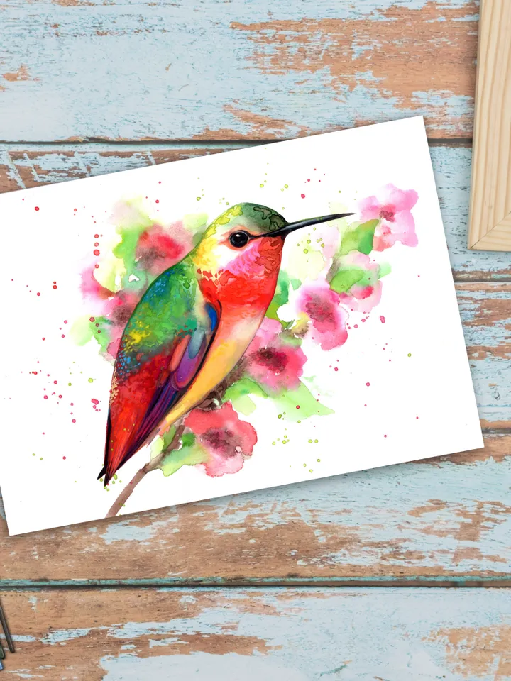 Hummingbird original watercolor, bird on the branch flowers painting, colibri portrait room decor, 8x11 in wall art for bird lovers handmade by Anne Gorywine