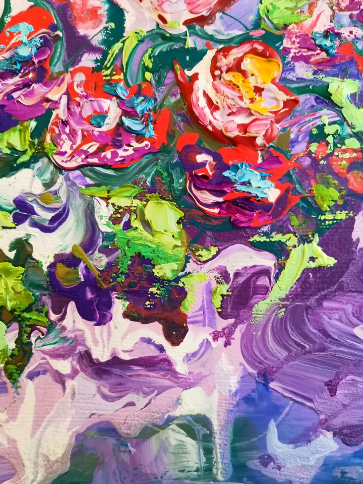 Bouquet Red Flower Abstract Roses Impasto Painting Original Art Artist Svinar Oksana