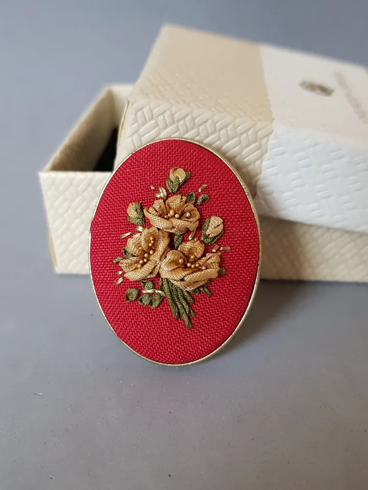 Ribbon embroidered red brooch for her, embroidered jewerly