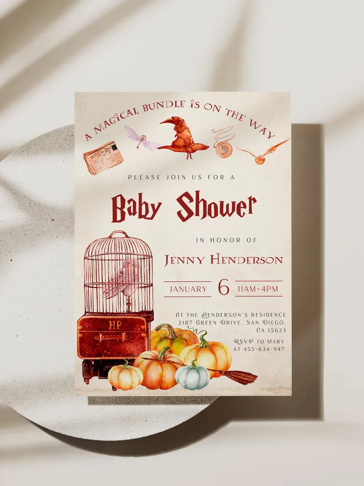 Wizard Baby Shower; Magic School Baby Shower; Pumpkin Harvest Invitation; Autumn Wizard World Baby Shower; Fall; Editable template canva;