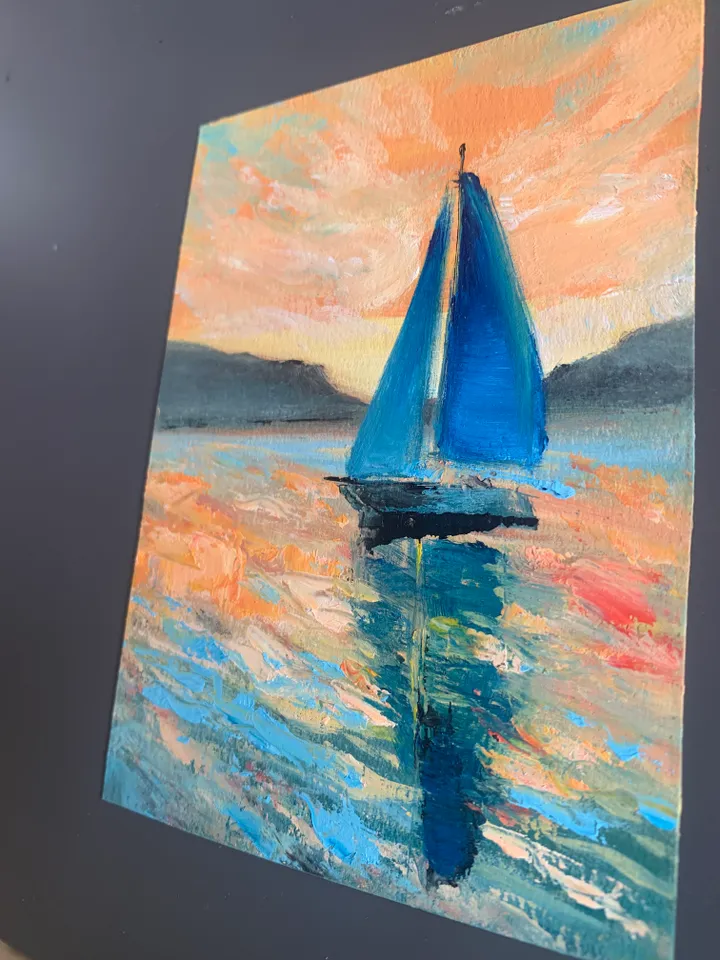 Yacht on a sunset oil original painting impasto
