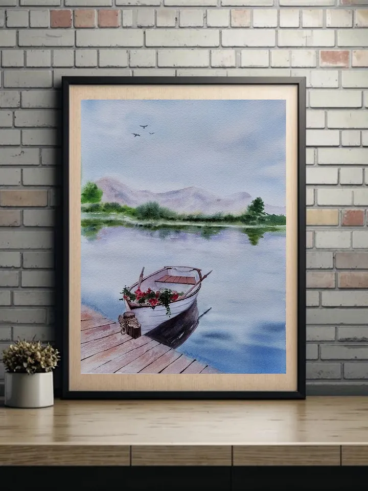 Original Watercolor Painting Water Landscape Art White Boat Artwork 30x40 cm by SoftWaves