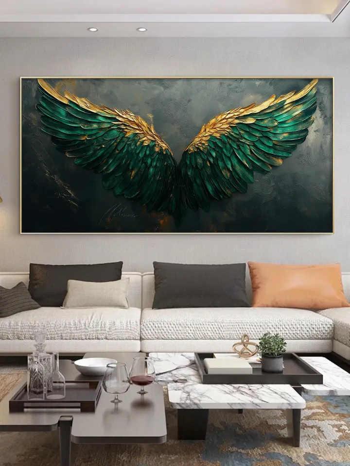 Large Emerald Green & Gold Angel Wings Impasto Painting, Textured 3D Wall Art, Original Abstract Art, Unique Home Decor, Office Wall Decor