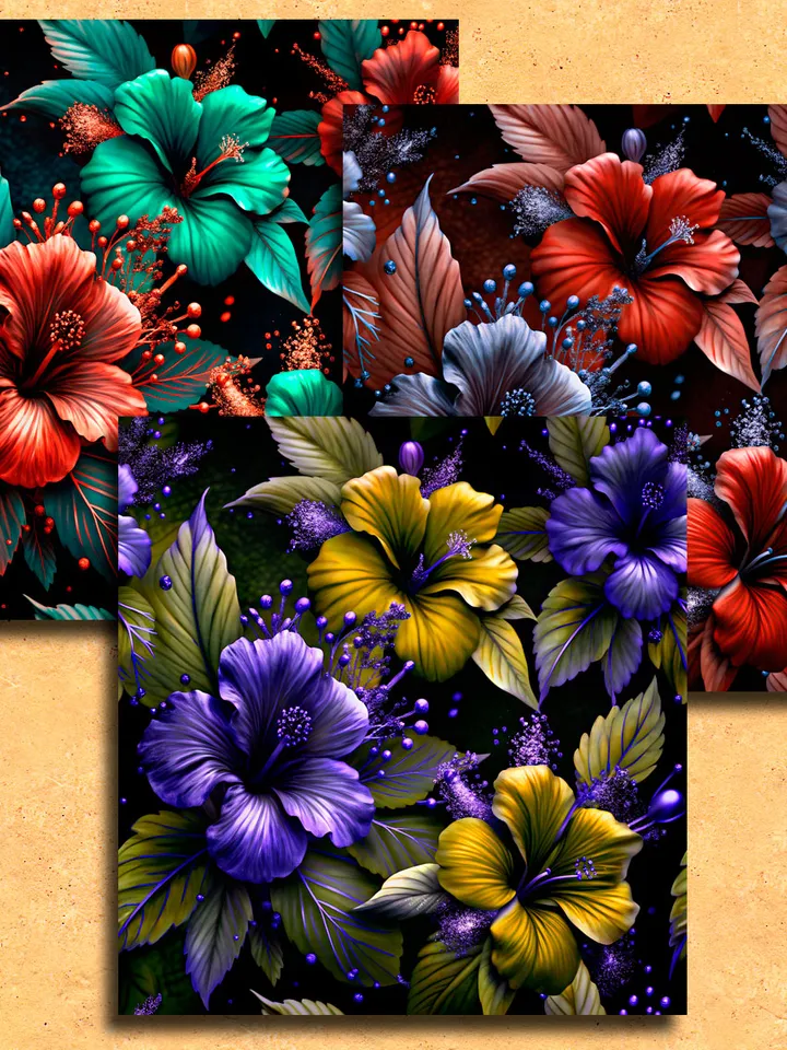 bright flowers hibiscus 18 pieces of patterns for printing on fabric, paper. Digital paper for creativity.