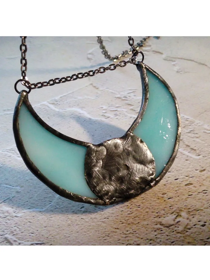 Stained glass blue moon, Moon Goddess, Moon phase necklace, Stainglass crescent, Full moon pendant, Moon face necklace