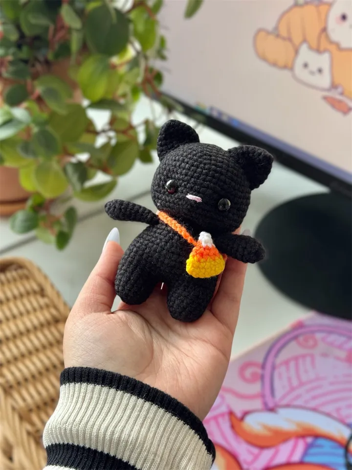 Halloween black cat with candy corn bag, Crochet Pattern, amigurumi halloween, cat crochet pattern, candy corn crochet, amigurumi kitty crochet