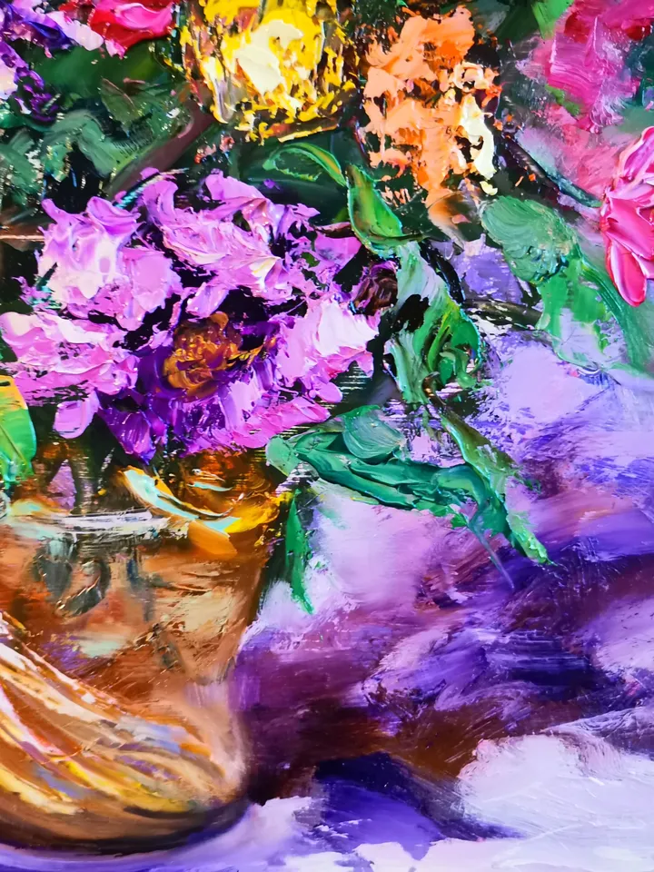 Bright Flowers Wine Oil Painting Original Impasto Artist Svinar Oksana