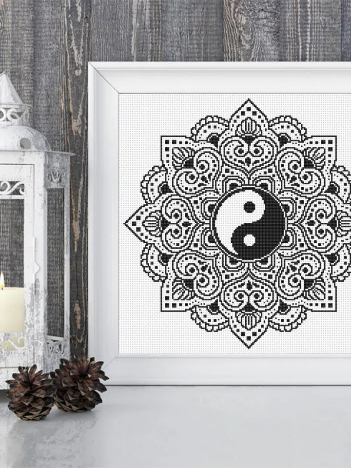 Yin yang mandala cross stitch pattern download PDF Meditation yoga cross stitch Floral mandala digital Ying yang xstitch chart modern #M153