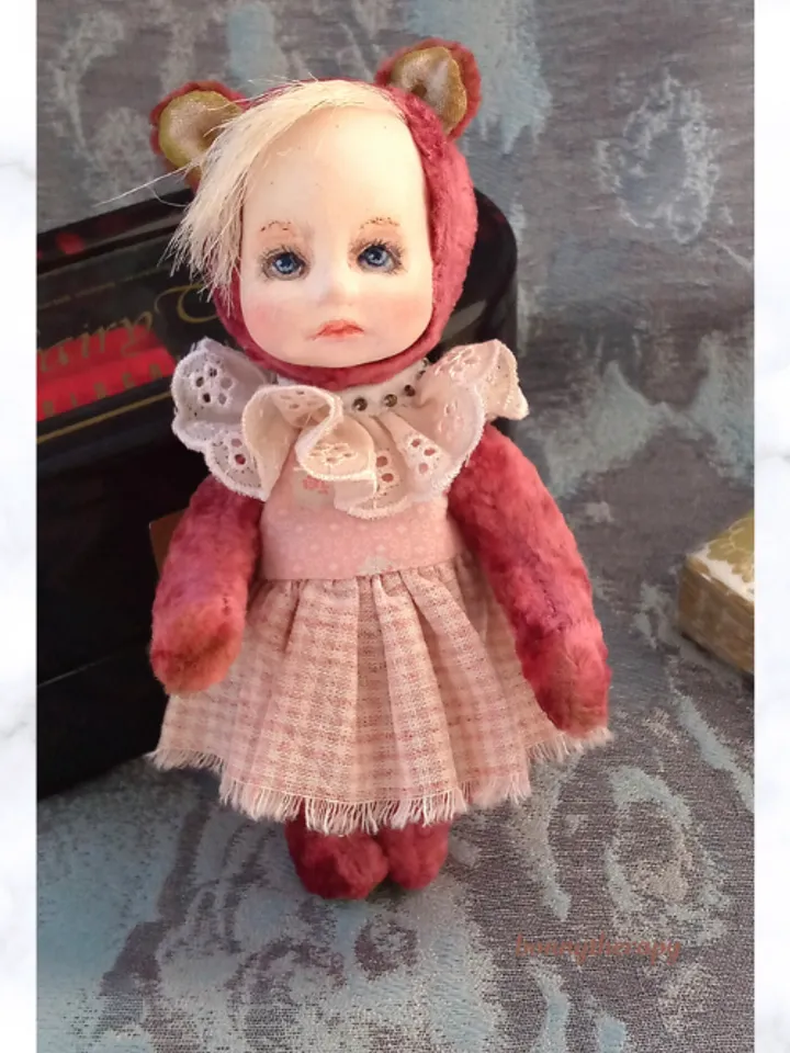 Little designer doll height 5.5 inches sitting, handmade in teddy doll style.