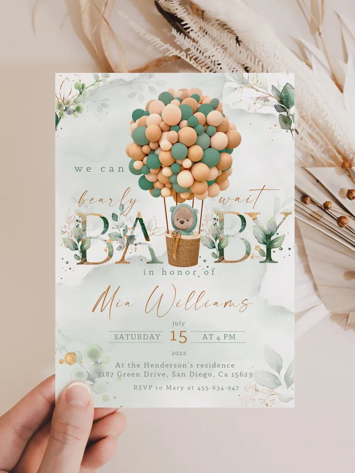 Teddy Bear Hot Air Balloon Baby Shower; We can bearly wait; Editable Teddy Bear Ballons Baby Shower; Neutral Gender Baby Shower Invitation