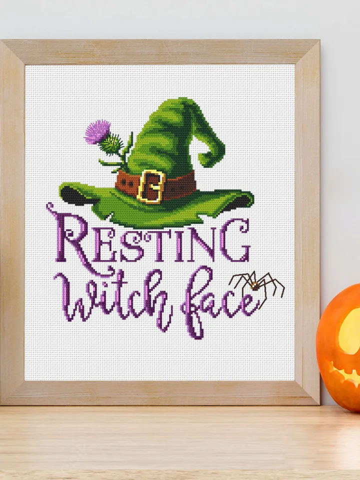 Resting witch face cross stitch pattern download PDF, Halloween witch cross stitch chart, Cute Halloween pattern digital PDF Home decor #H46
