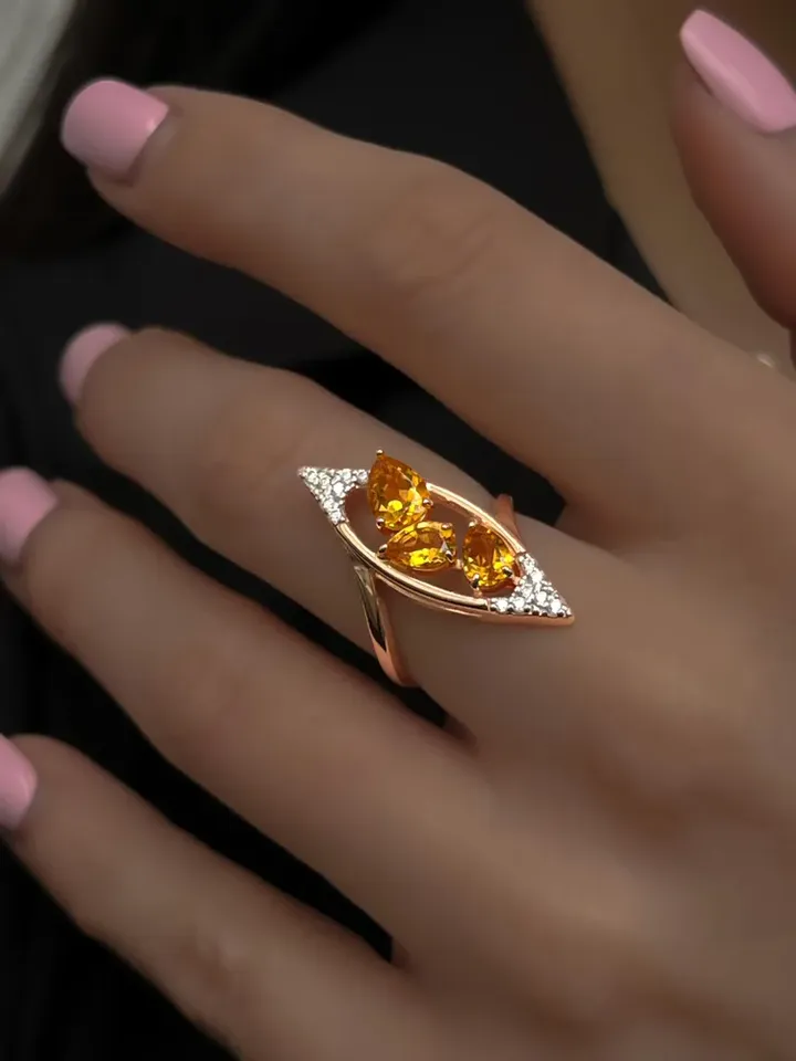 Ring silver 925 gold plated with natural citrine and cubic zirconia