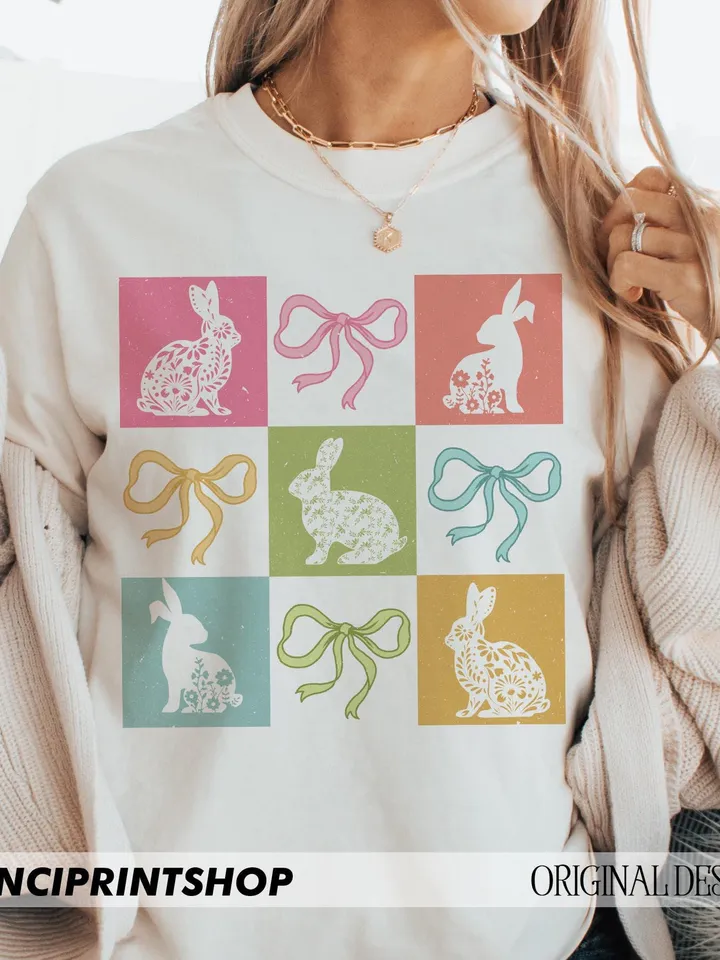 Retro Easter Floral Bunny Checkered png, Easter Coquette Bow png, Easter Bunny png, Retro Easter png, Happy easter png, Bunny png, Retro png