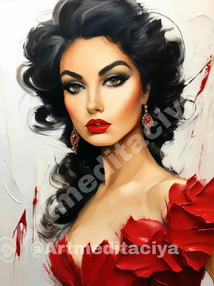 Digital abstract 3d textural painting "Carmen" in impasto style, painted in oil with a palette knife on an abstract white background. This is a concise image of a beautiful charismatic Spanish brunette with expressive brown eyes in a red outfit with earri