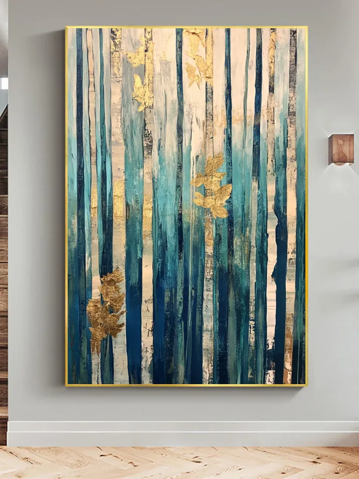 Original Golden Leaves Oil Painting on canvas, Large wall art, Boho Wall Decor, Abstract Forest Acrylic Painting, Home Decor, Bedroom Decor