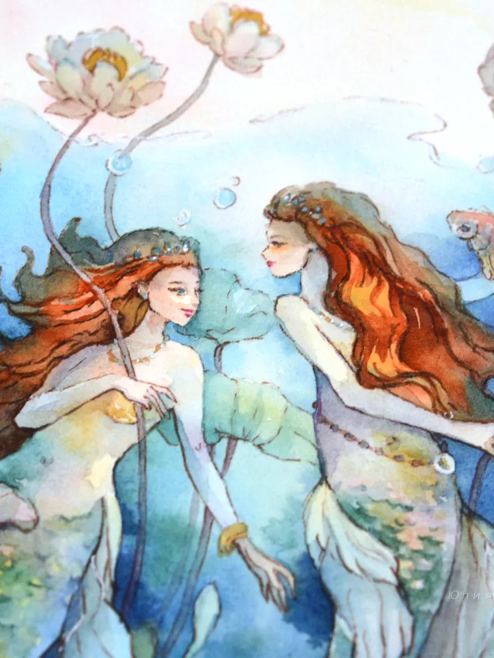 Fantasy art of red-haired twins, Two mermaid sisters