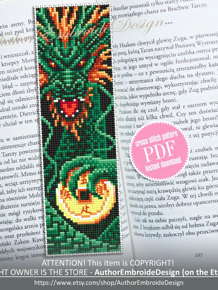 Dragon bookmark cross stitch pattern PDF download Fantasy green dragon cross stitch chart, Chinese dragon pattern, Chinese New Year #B273