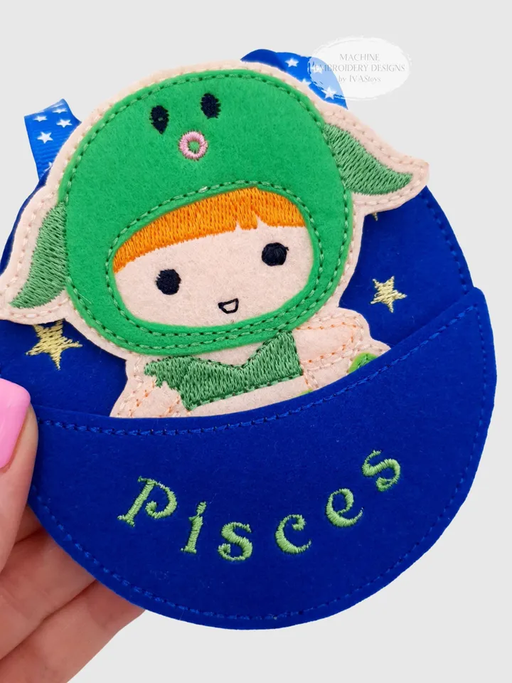 ITH Pisces Mermaid Finger Puppet & Bag Embroidery Design, Fish Zodiac Toy Pattern, 4x4 Hoop Christmas Ornament