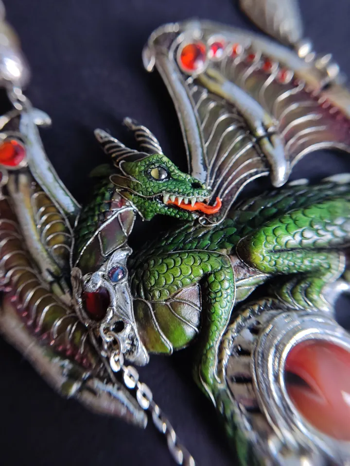 Dragon and Key Necklace, Fantasy Dragon Pendant, Green Dragon Necklace, Magic Drago
