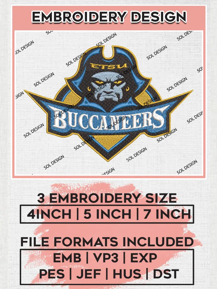 NCAA Buccaneers Team Logo Embroidery Design Files, NCAA East Tennessee State Buccaneers Machine Embroidery, NCAA Teams, 3 sizes, NCAA Machine embroidery designs, Digital Download
