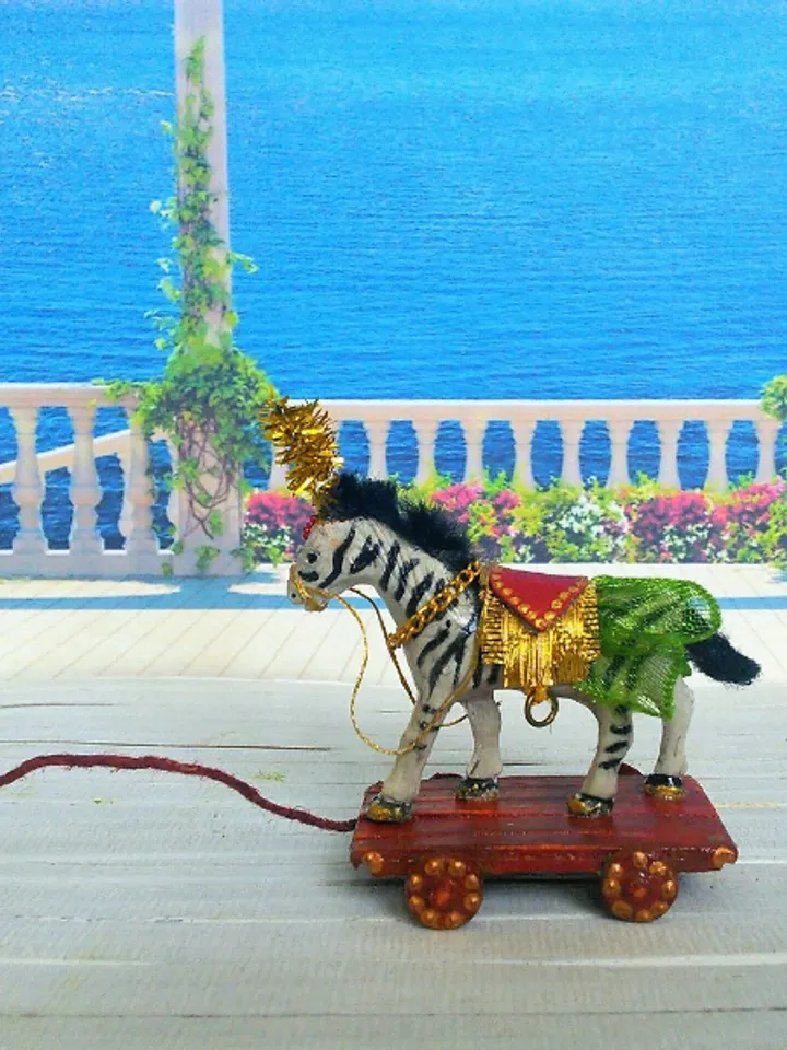 Zebra on Wheels.Toy for a doll. Dollhouse miniature.1:12 scale.