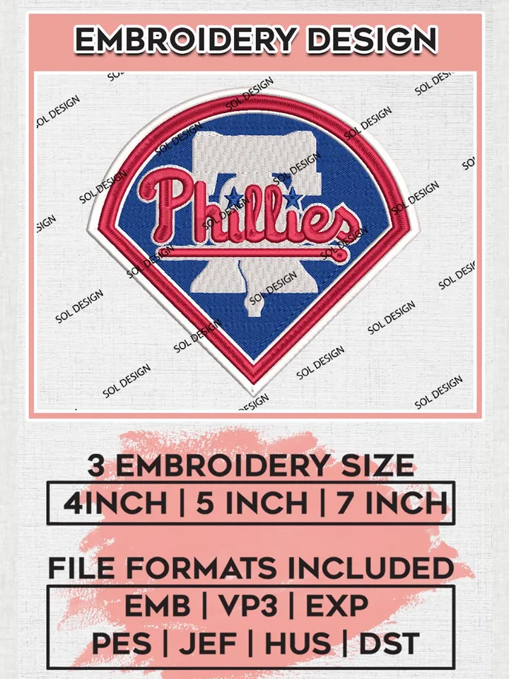 Philadelphia Phillies Logo Embroidery Designs, MLB Philadelphia Phillies Embroidery Design, MLB Embroidery Design Files, MLB Logo, 3 sizes, Machine embroidery Files, Digital Download