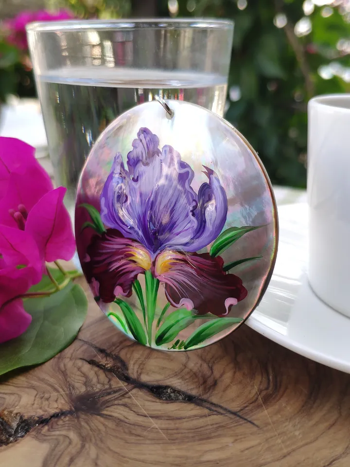 Pearl pendant necklace: Purple iris flower hand painted on dainty necklace • trendy art jewelry fitting for cute dress • fresh floral style