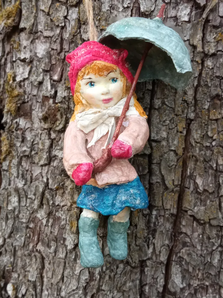 Author's handmade doll Girl with an umbrella. Cotton pendant doll. New Year's tree toy. Christmas decor. Art doll. Christmas presents. Holiday gifts.  Little doll. Christmas tree toy. Made in one copy. Free shipping