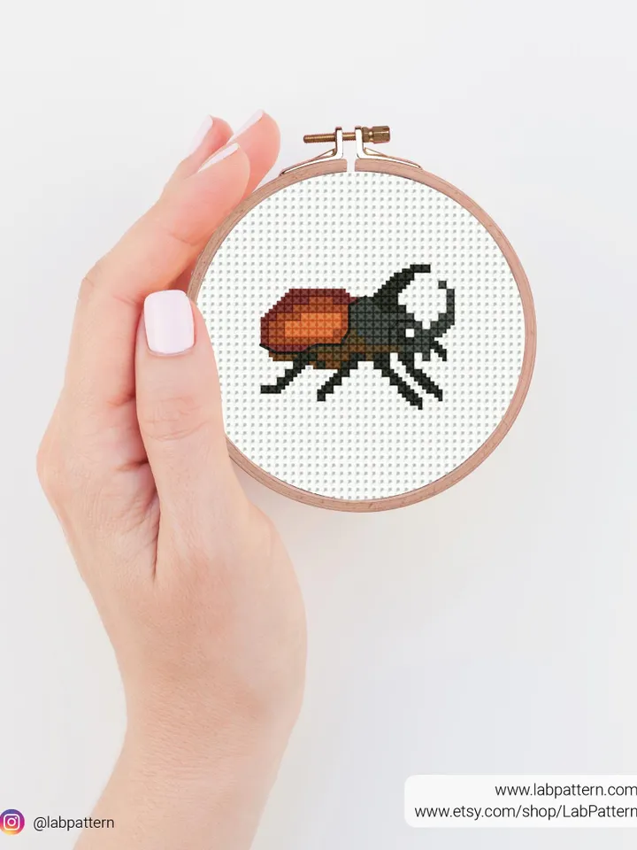 Rhinoceros beetle Cross stitch pattern, contemporary nature, mini insects, beginner counted, modern chart, gift DIY, embroidery, instant PDF