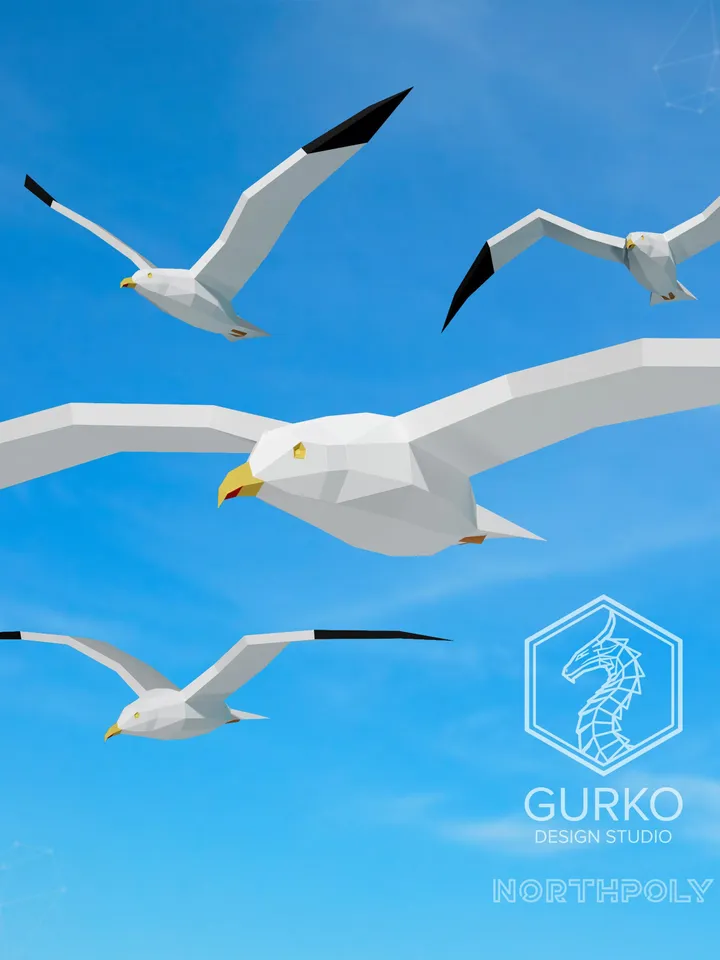 Seagulls Papercraft, Bird, Digital Template, PDF Download, Gurko, 3D Low Poly, Pepakura, Origami Sculpture, Paper Party Decoration, DIY Gift
