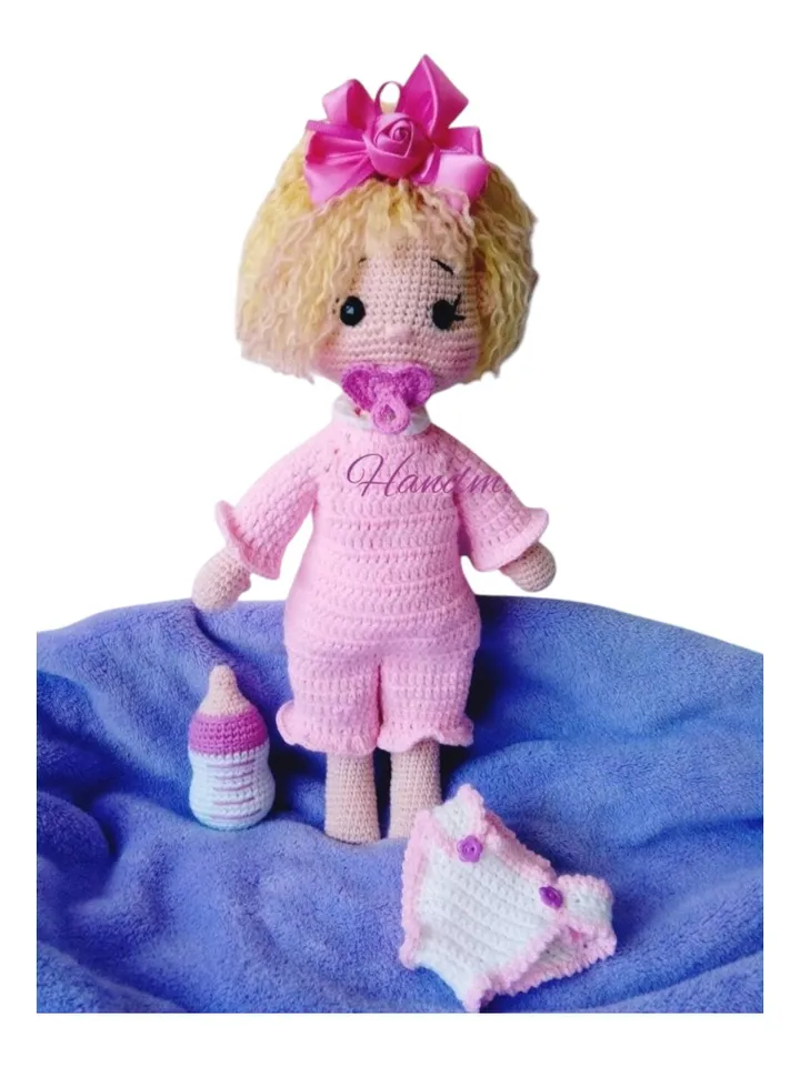 Handmade Crochet Baby Doll โ 37 cm Dress-Up Doll with Bottle & Pacifier โ Montessori-Inspired Soft Toy โ Gift for Girls