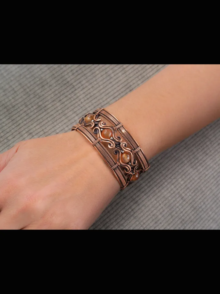 Cornelian wire wrapped copper bracelet 7th Anniversary gift
