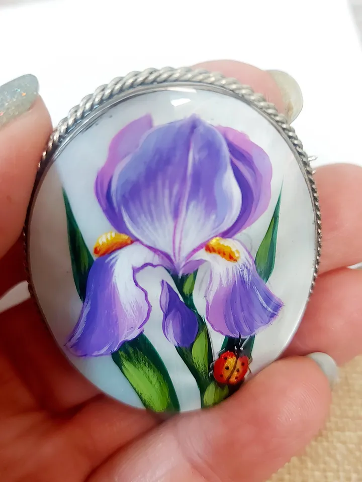 Nice "Iris" Hand Painted Russian Fedoskino Mother-Of-Pearl Brooch/Pin/Miniature hand-painted/Russian fine art jewelry/ Russia gift for woman