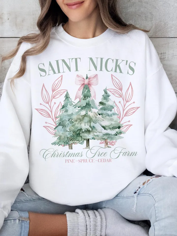 Saint Nick's Christmas Tree Farm PNG Coquette Pink Christmas Png vintage christmas png svg, boho christmas png,trendy Pink Bow png