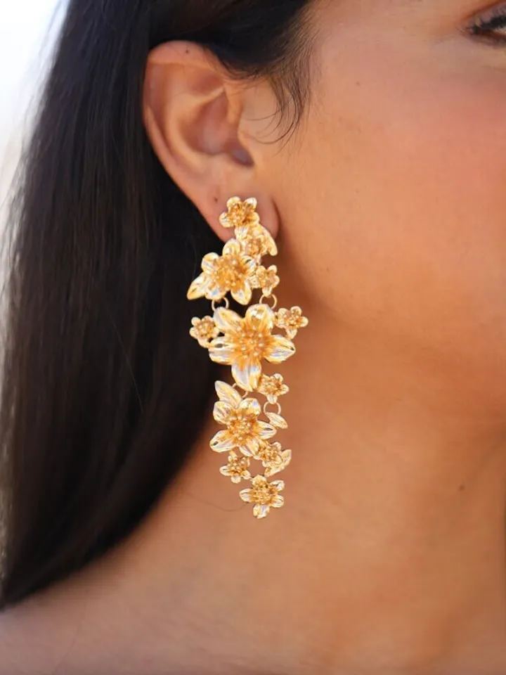 Extra Long Flower Wedding Earrings, Floral Bridal Earrings, Boho Wedding Earrings, Clip-on Bridal Earrings, Chandelier Statement Earrings