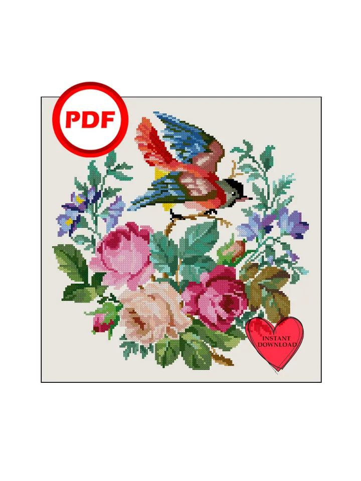 Bird on a branch in flowers vintage cross stitch pattern, Reconstructed Vintage flowers cross stitch scheme embroidery