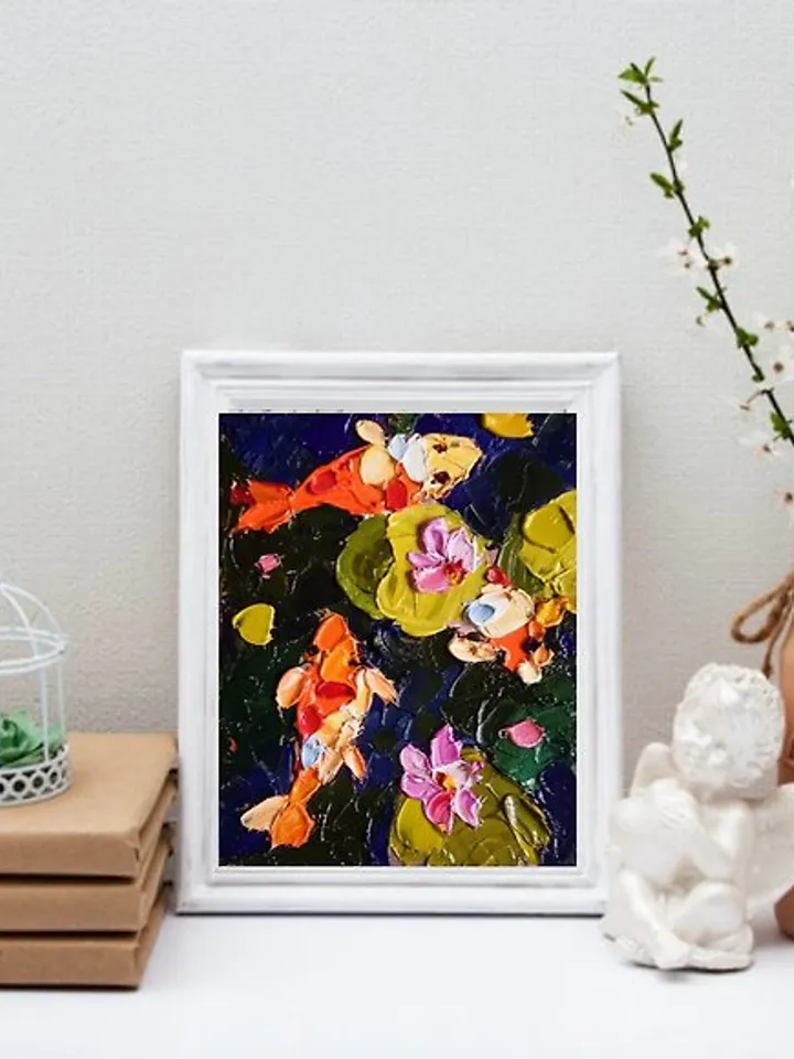 锦鲤 油畫原作 手工油畫 掛畫 油畫 koi Fish Painting Impasto Oil Painting by Verafe