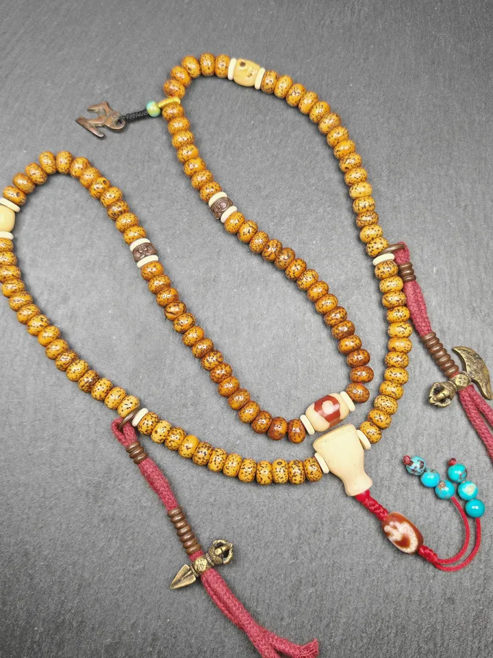 Authentic Tibetan Prayer Beads, Old 8+mm 108 Lotus Seed Mala Necklace - Handcrafted Tibetan Rosary with Unique Mix of Treasures