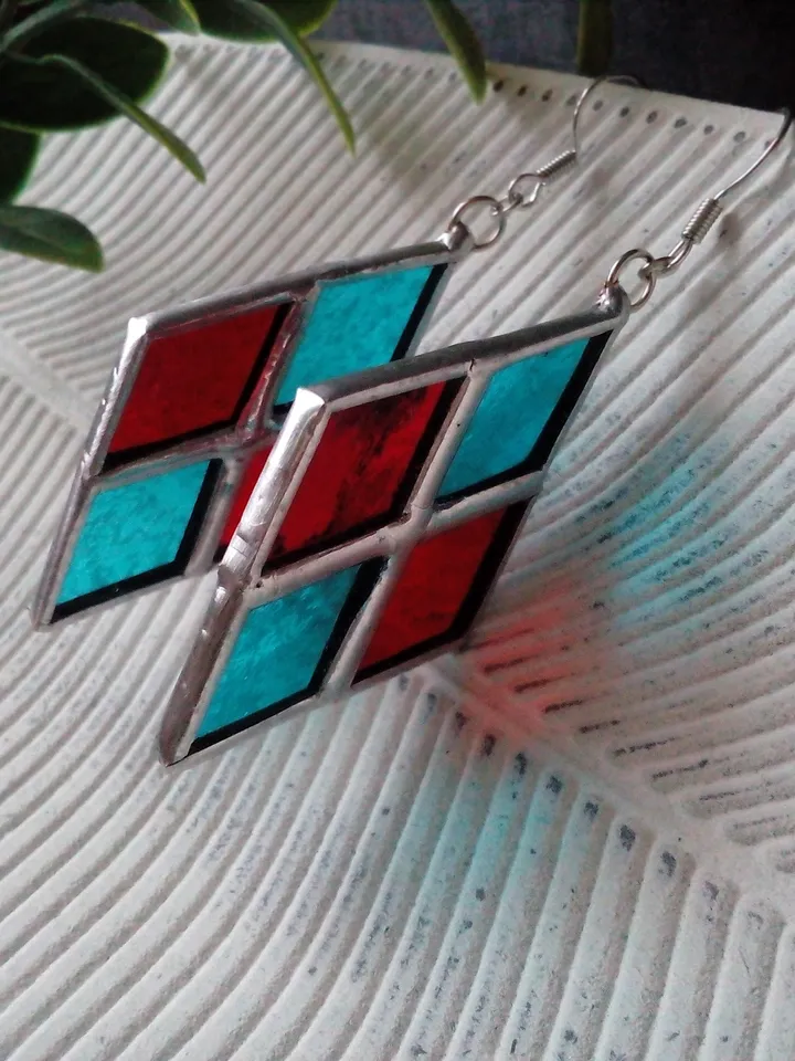 Checkerboard stained glass earrrings - handmade geometric chess plaid earrings