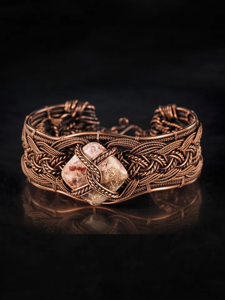 Copper wire wrapped jasper bracelet Unique woven copper wire bangle